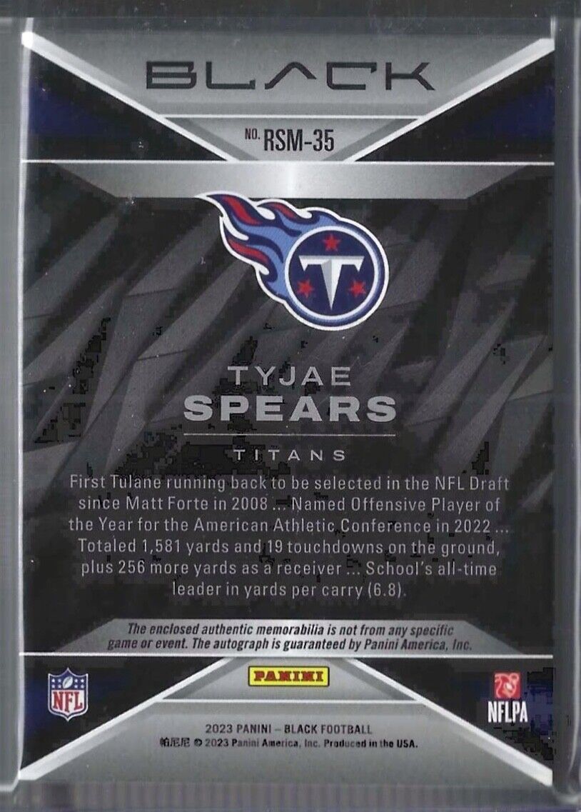 TYJAE SPEARS 2023 PANINI BLACK ROOKIE DUAL PATCH AUTO RC #D 36/99