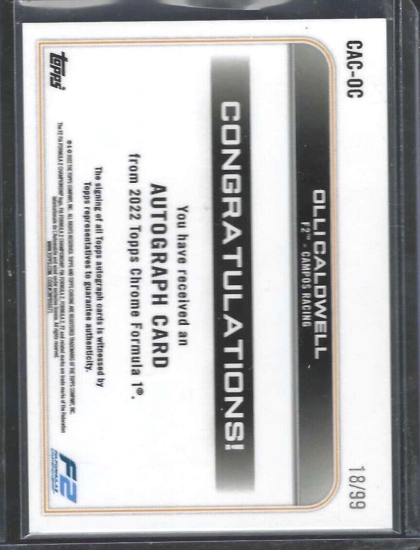 OLLI CALDWELL 2022 TOPPS CHROME F1 GREEN REFRACTOR AUTO #D 18/99