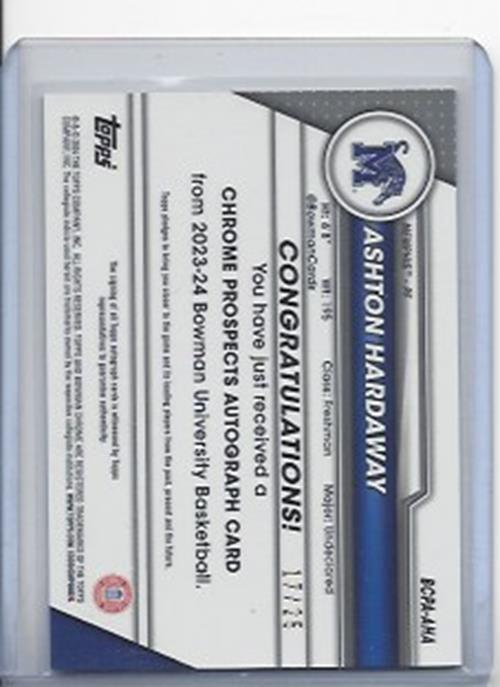 ASHTON HARDAWAY 2023-24 BOWMAN CHROME UNIVERSITY 1ST ORANGE REFRACTOR AUTO /25