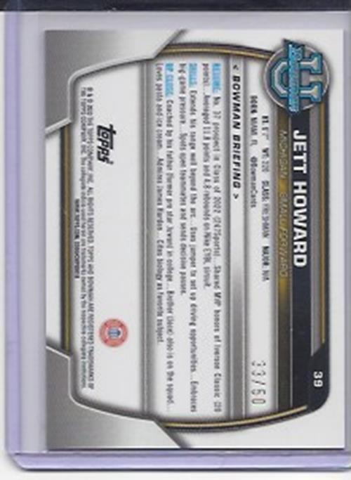 JETT HOWARD 2023 BOWMAN CHROME UNIVERSITY GOLD SHIMMER 1ST REFRACTOR RC #D 33/50