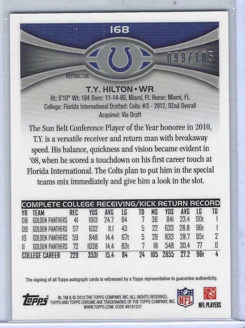 TY HILTON 2012 TOPPS CHROME CAMO REFRACTOR ROOKIE ON CARD AUTO RC #D 099/105