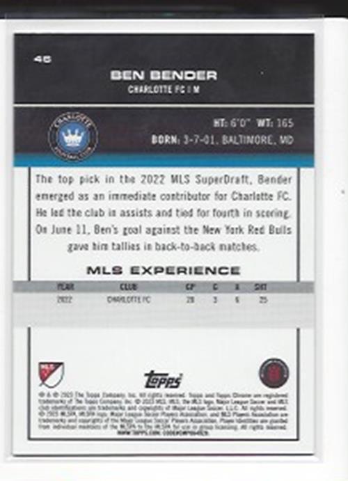 BEN BENDER 2023 TOPPS CHROME MLS GOLD MINI DIAMOND ROOKIE REFRACTOR RC #D 5/50