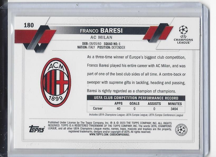 FRANCO BARESI 2022-23 TOPPS CLUB COMPETITIONS SP PHOTO VARIATION VARIANT #180
