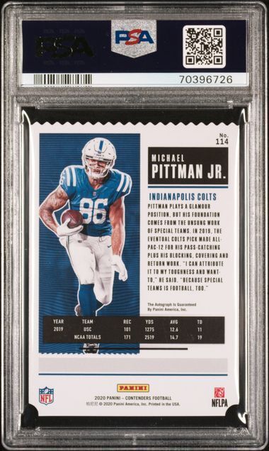 MICHAEL PITTMAN JR 2020 PANINI CONTENDERS STUB ROOKIE TICKET AUTO RC /86 PSA 9