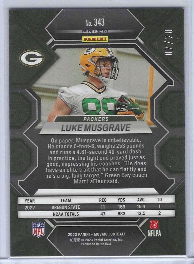 LUKE MUSGRAVE 2023 PANINI MOSAIC PINK DISCO PRIZM ROOKIE RC #D 07/20