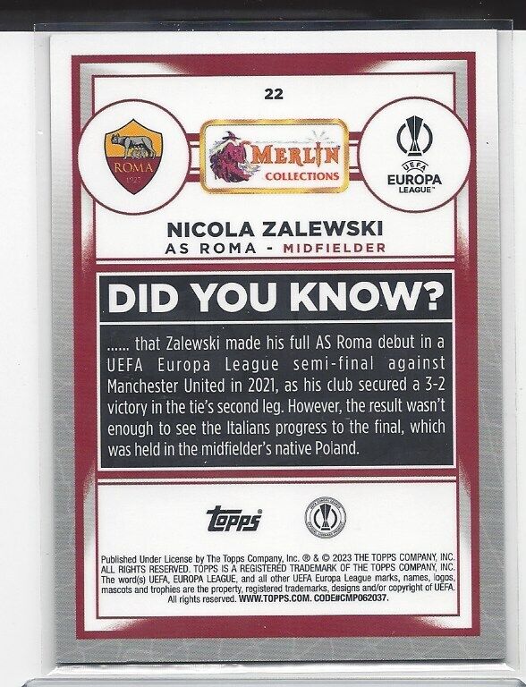 NICOLA ZALEWSKI 2022-23 TOPPS MERLIN CHROME BLUE SHIMMER REFRACTOR RC #D 57/75