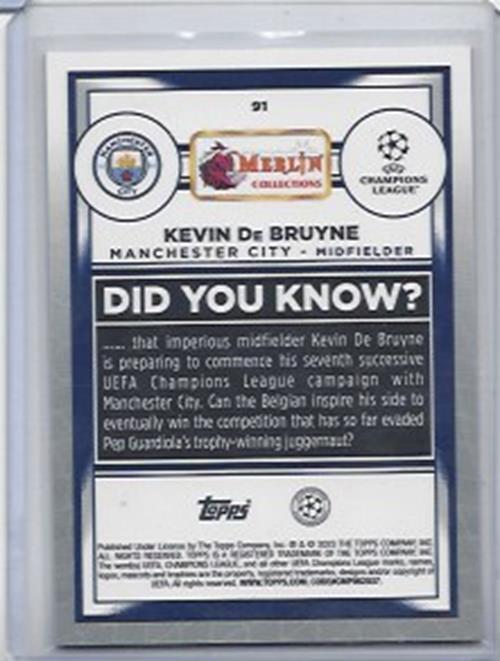KEVIN DE BRUYNE 2022-23 TOPPS MERLIN CHROME PINK MOJO REFRACTOR #D 235/275