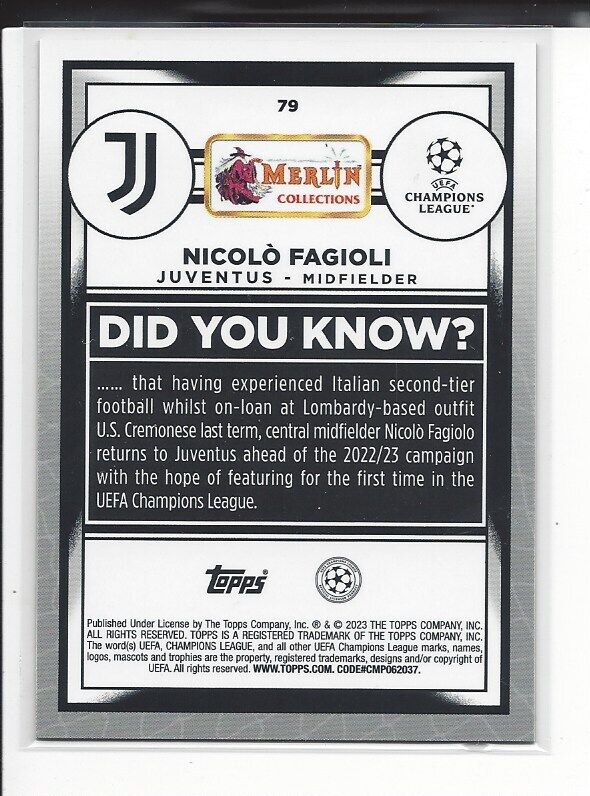 NICOLO FAGIOLI 2022-23 TOPPS MERLIN CHROME VINTAGE SP REFRACTOR RC #79