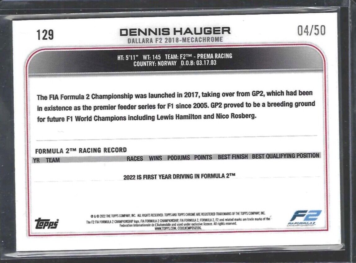 DENNIS HAUGER 2022 TOPPS CHROME F1 GOLD CHECKERED FLAG REFRACTOR #D 04/50