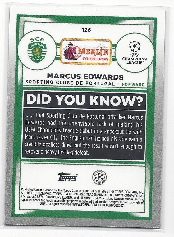 MARCUS EDWARDS 2022-23 TOPPS MERLIN CHROME SPECKLE REFRACTOR RC #D 70/150
