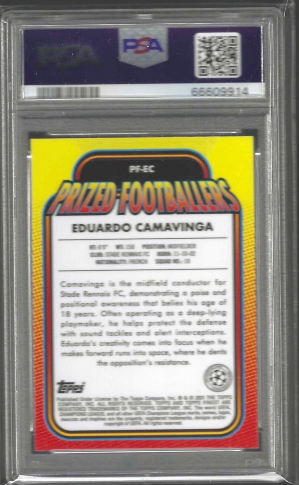 EDUARDO CAMAVINGA 2020-21 TOPPS FINEST PRIZED FOOTBALLERS REFRACTOR RC PSA 10