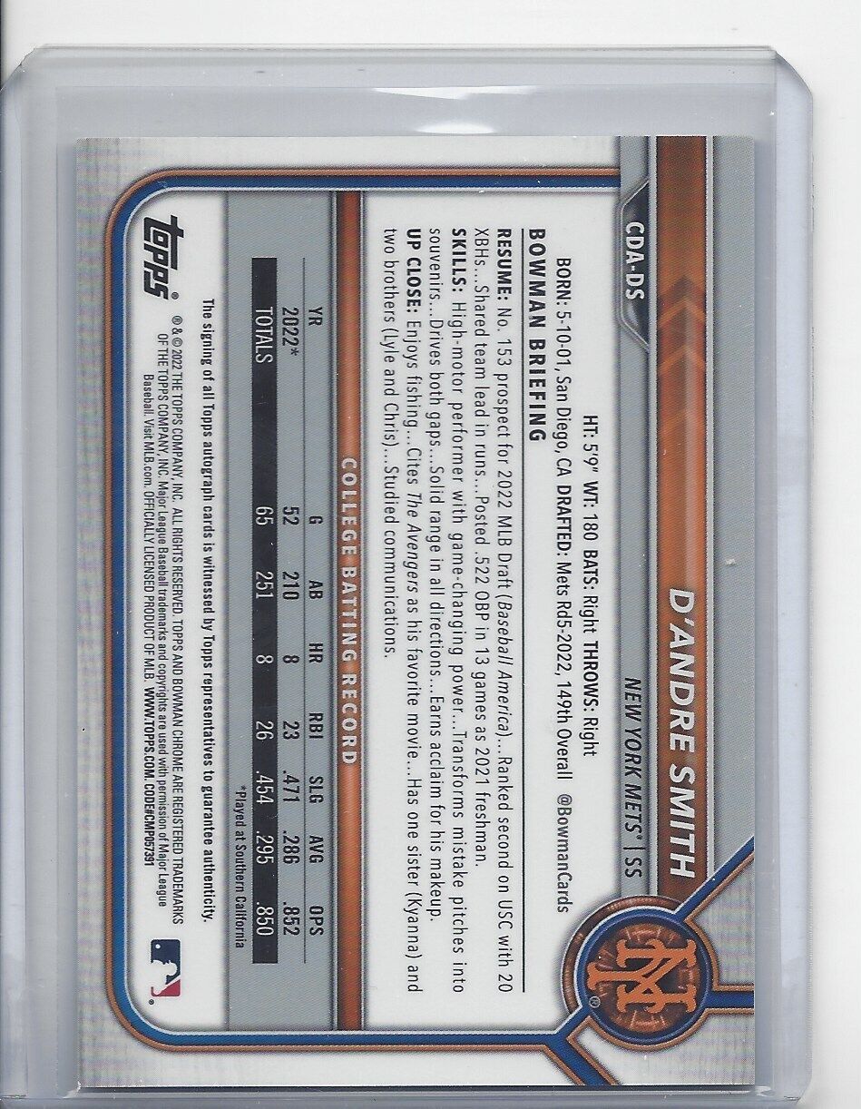 D'ANDRE SMITH 2022 BOWMAN DRAFT CHROME 1ST PROSPECT ON CARD AUTO