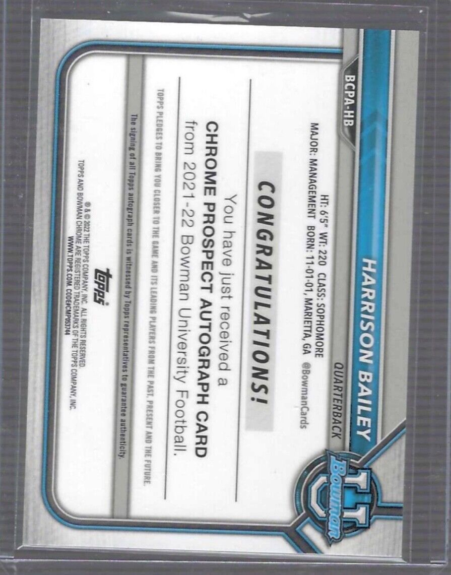 HARRISON BAILEY 2021 BOWMAN CHROME UNIVERSITY REFRACTOR 1ST AUTO #BCPA-HB