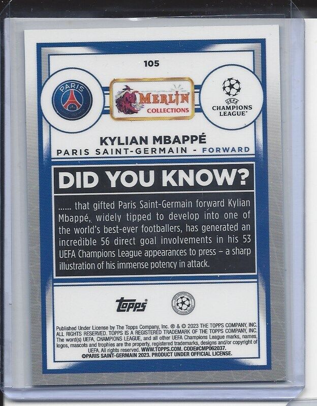 KYLIAN MBAPPE 2022-23 TOPPS MERLIN CHROME AQUA REFRACTOR #D 198/199