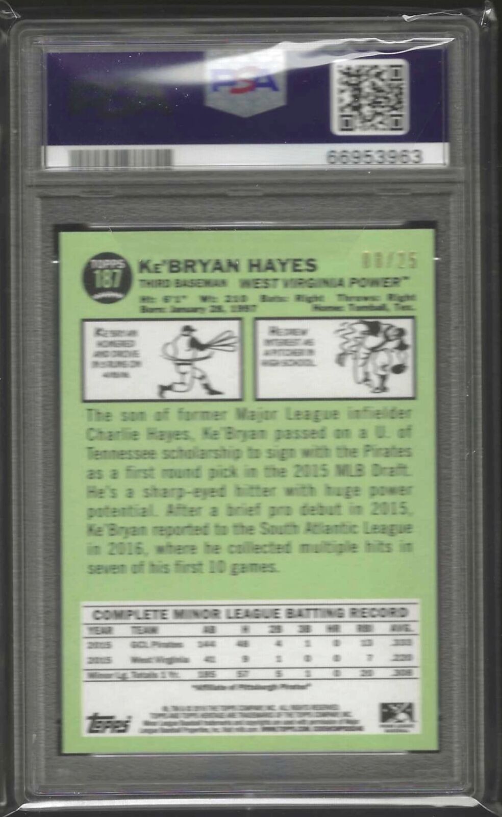 KE'BRYAN HAYES 2016 TOPPS HERITAGE MINORS PEACH BORDER PROSPECT /25 PSA 10 POP 3