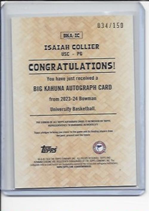 ISAIAH COLLIER 2023-24 BOWMAN CHROME UNIVERSITY BIG KAHUNA REFRACTOR AUTO /150