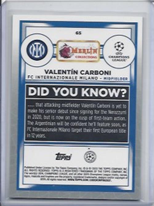 VALENTIN CARBONI 2022-23 TOPPS MERLIN CHROME GREEN MOJO REFRACTOR RC #D 9/99