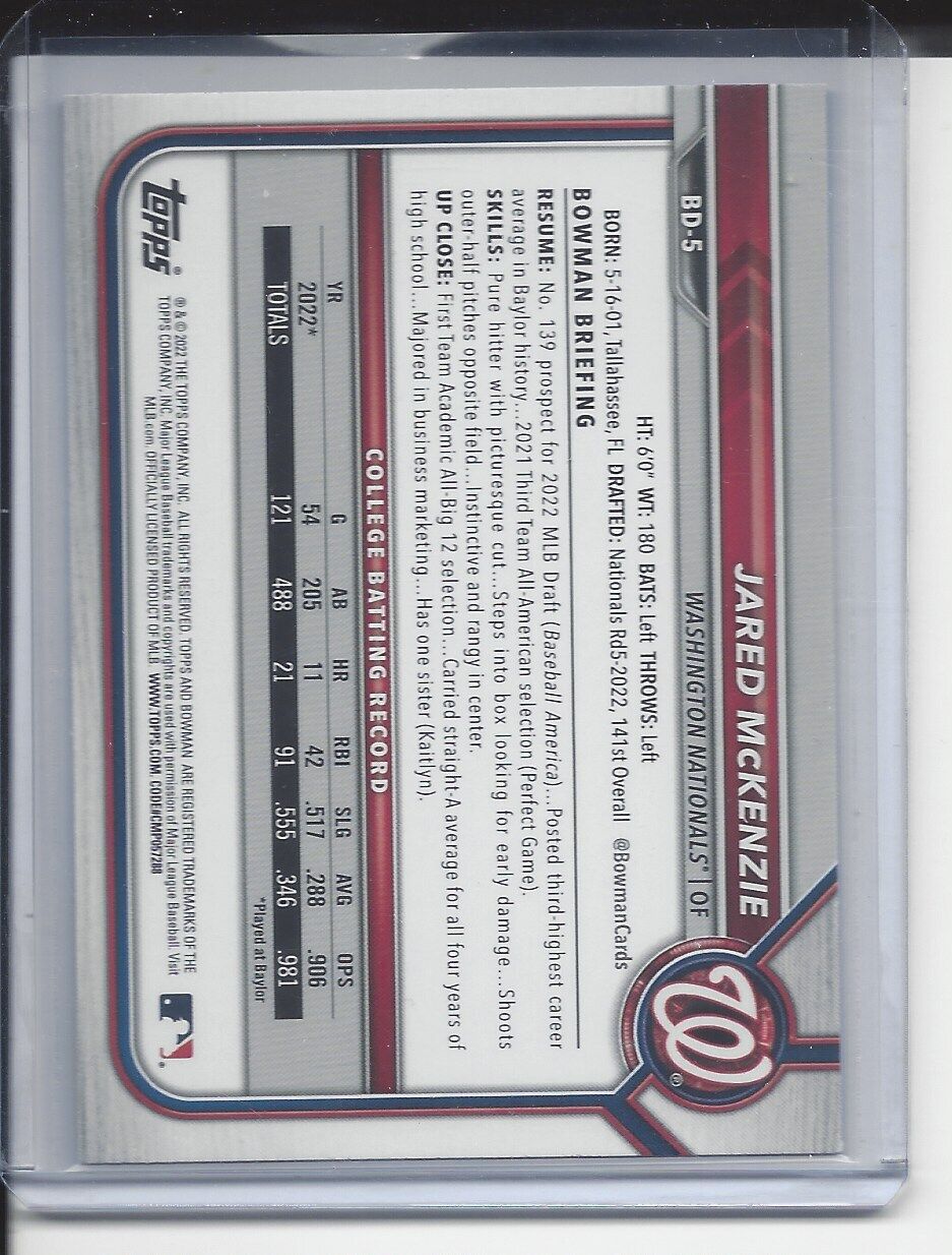 JARED MCKENZIE 2022 BOWMAN DRAFT 1ST BLUE PROSPECT #D 146/150