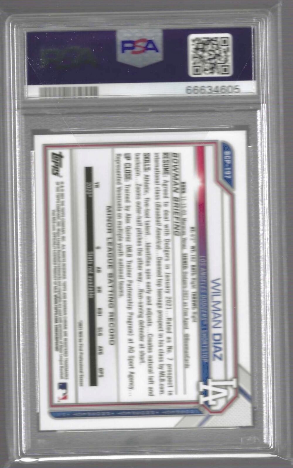 WILMAN DIAZ 2021 BOWMAN CHROME SHIMMER REFRACTOR 1ST PROSPECT PSA 10 GEM POP 10