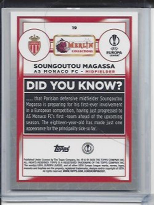 SOUNGOUTOU MAGASSA 2022-23 TOPPS MERLIN CHROME AQUA SPECKLE REFRACTOR RC #D /199