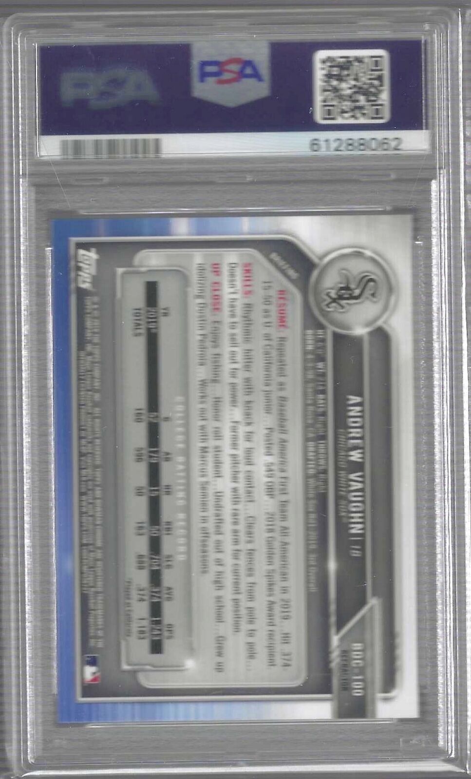 ANDREW VAUGHN 2019 BOWMAN DRAFT CHROME SILVER REFRACTOR 1ST PROSPECT #100 PSA 10