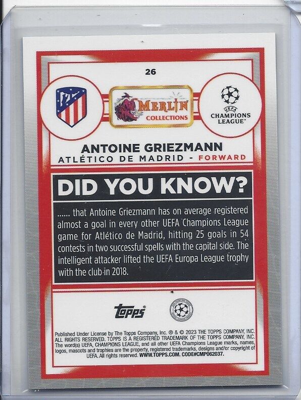 ANTOINE GRIEZMANN 2022-23 TOPPS MERLIN CHROME ATOMIC ICE REFRACTOR #D 13/250