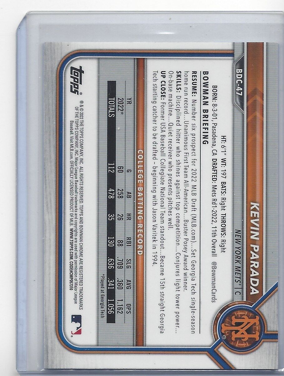 KEVIN PARADA 2022 BOWMAN DRAFT CHROME 1ST SKY BLUE REFRACTOR PROSPECT #47