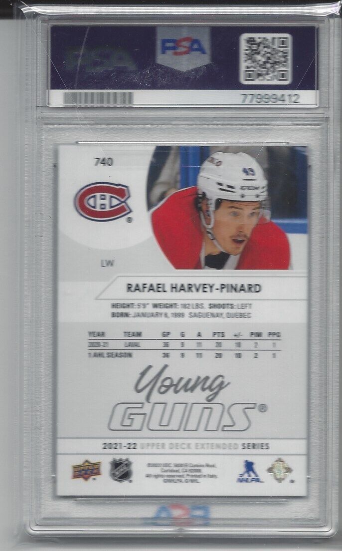 RAFAEL HARVEY-PINARD 2021-22 UPPER DECK YOUNG GUNS RC #740 PSA 10 GEM MINT