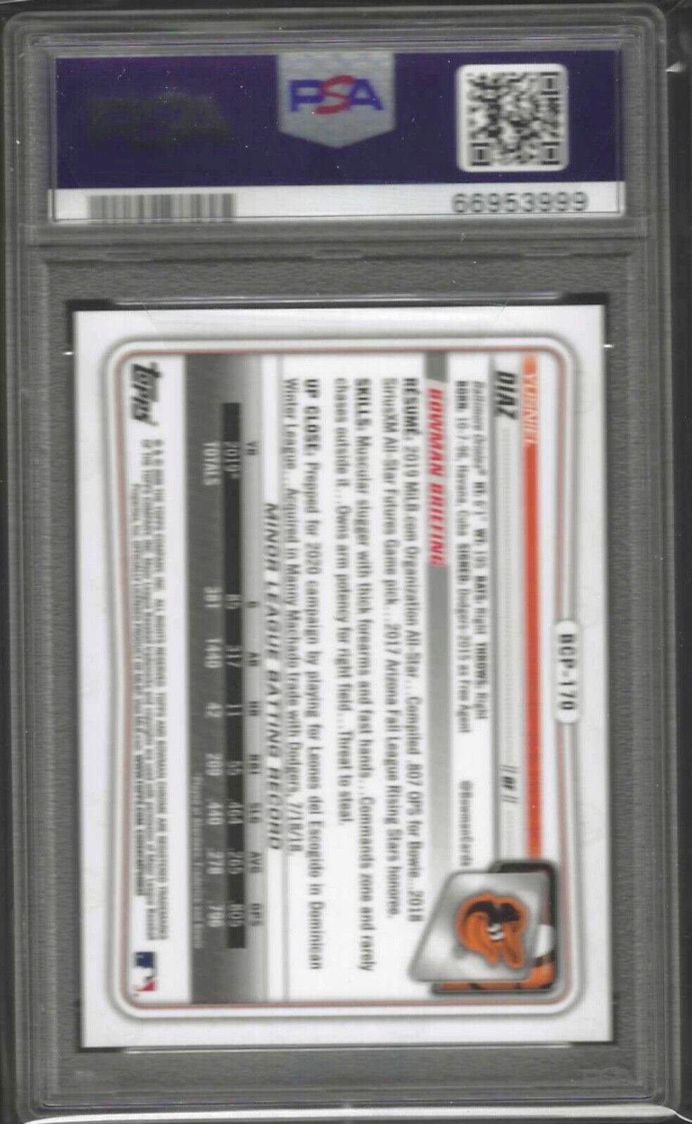 YUSNIEL DIAZ 2020 BOWMAN CHROME RED SHIMMER REFRACTOR PROSPECT /10 PSA 10 POP 1