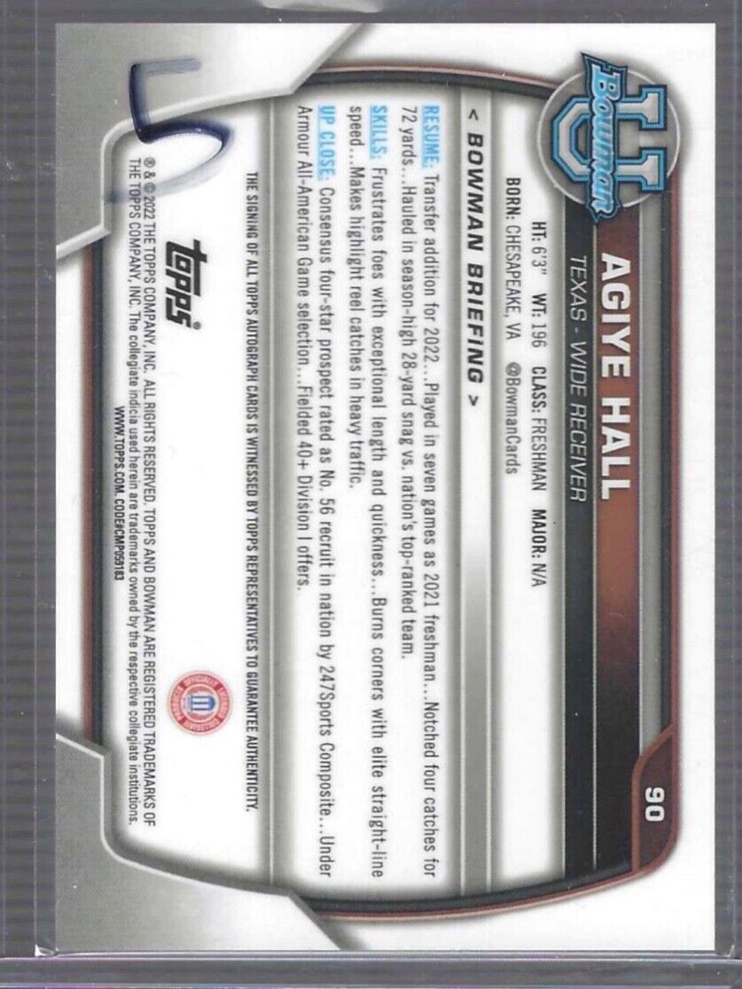 AGIYE HALL 2022 BOWMAN UNIVERSITY CHROME 1ST PROSPECT AUTO #90