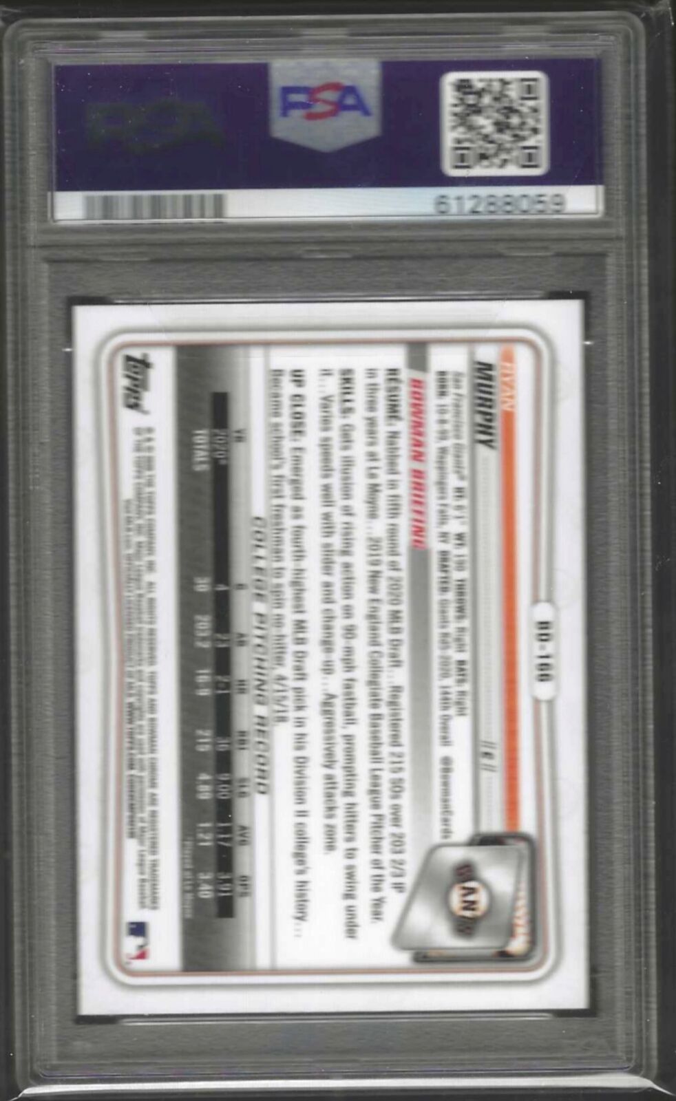 RYAN MURPHY 2020 BOWMAN DRAFT SPECKLE REFRACTOR 1ST PROSPECT #BD166 PSA 10 POP 2