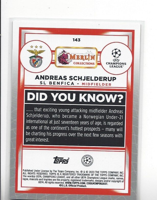 ANDREAS SCHJELDERUP 2022-23 TOPPS MERLIN CHROME VINTAGE SP REFRACTOR RC #143