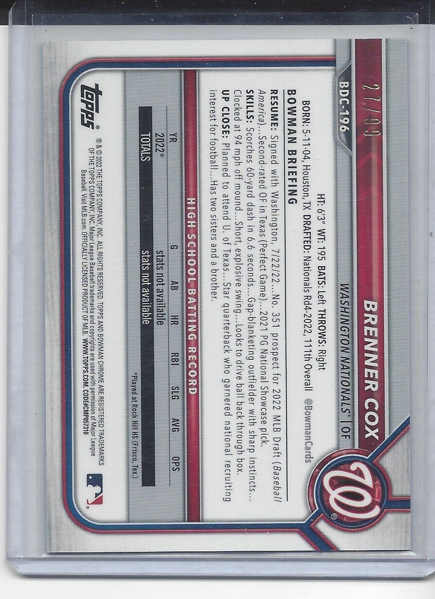 BRENNER COX 2022 BOWMAN DRAFT CHROME 1ST GREEN SPARKLE REFRACTOR #D 27/99