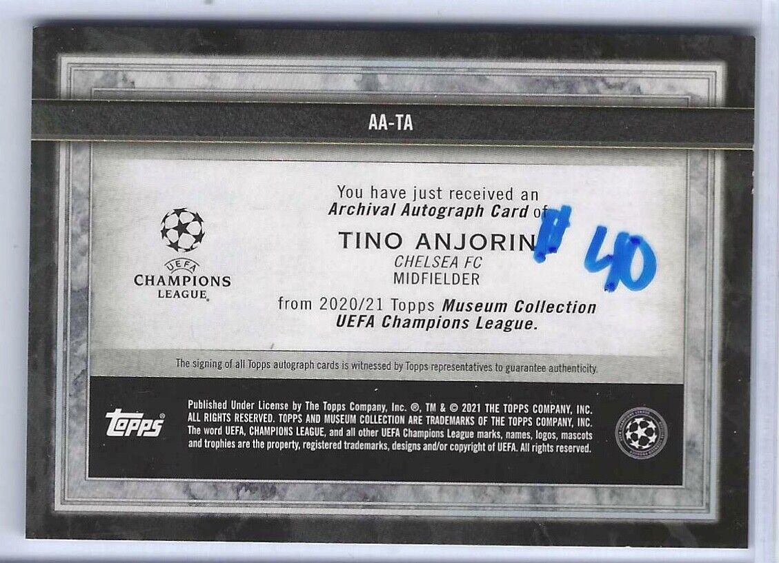 TINO ANJORIN 2020-21 TOPPS MUSEUM COLLECTION UEFA ARCHIVAL AUTO RC #D 017/250