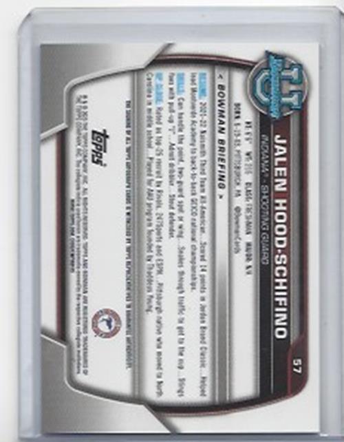 JALEN HOOD-SCHIFINO 2023 BOWMAN CHROME UNIVERSITY 1ST INDIANA AUTO RC #57