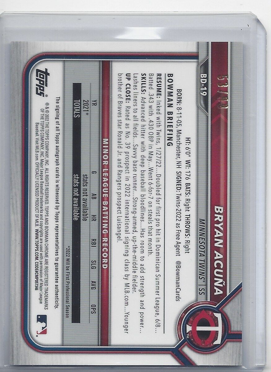 BRYAN ACUNA 2022 BOWMAN DRAFT CHROME PHOTO VARIATION REFRACTOR AUTO #D 53/99