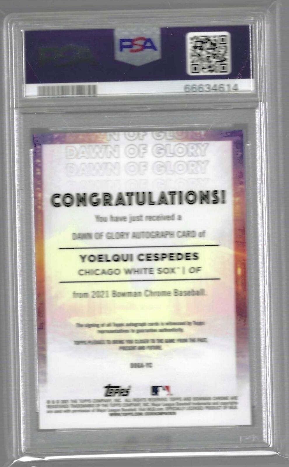 YOELQUI CESPEDES 2021 BOWMAN CHROME DAWN OF GLORY PROSPECT AUTO /99 PSA 9 POP 1