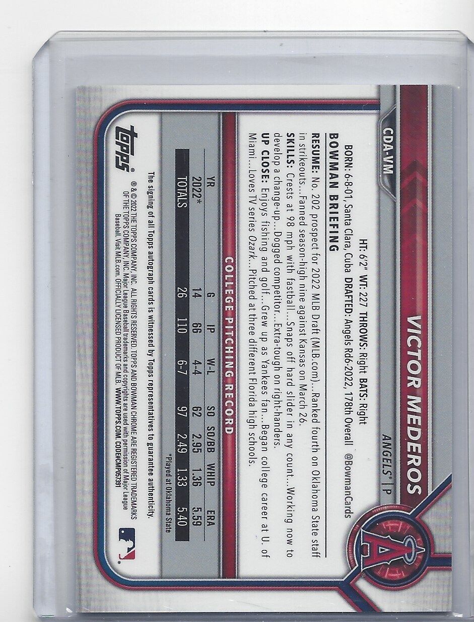 VICTOR MEDEROS 2022 BOWMAN DRAFT CHROME 1ST PROSPECT ON CARD AUTO