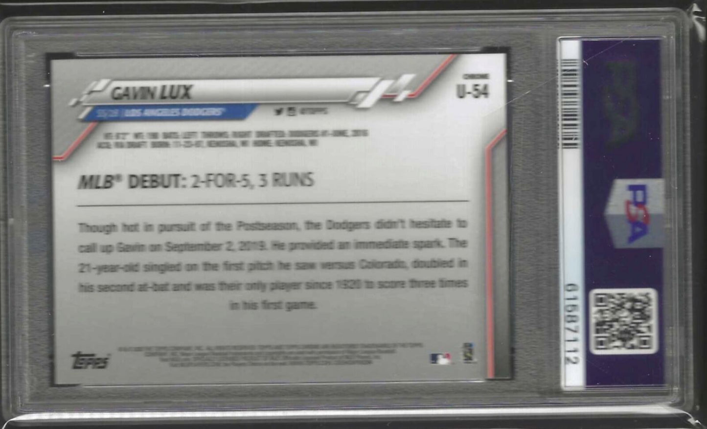 GAVIN LUX 2020 TOPPS CHROME UPDATE ROOKIE RC #U-54 PSA 9 MINT