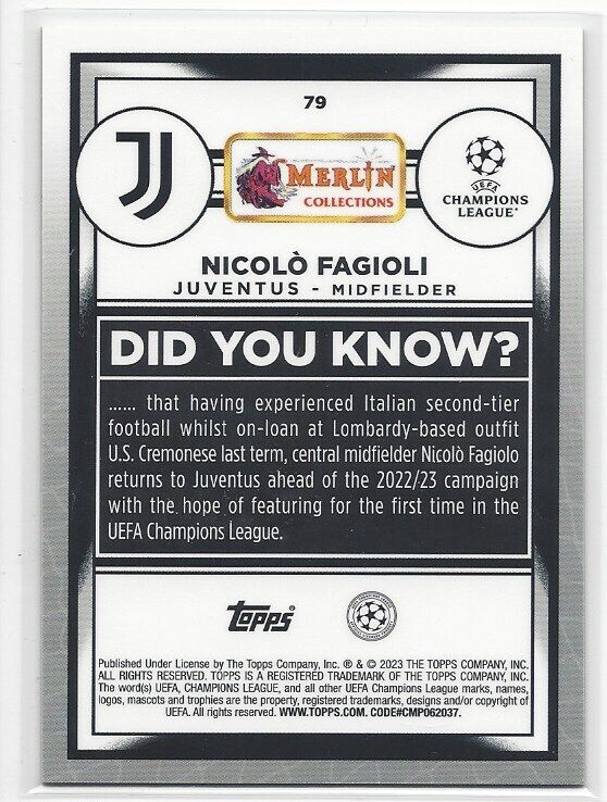 NICOLO FAGIOLI 2022-23 TOPPS MERLIN CHROME SPECKLE REFRACTOR RC #D 141/150