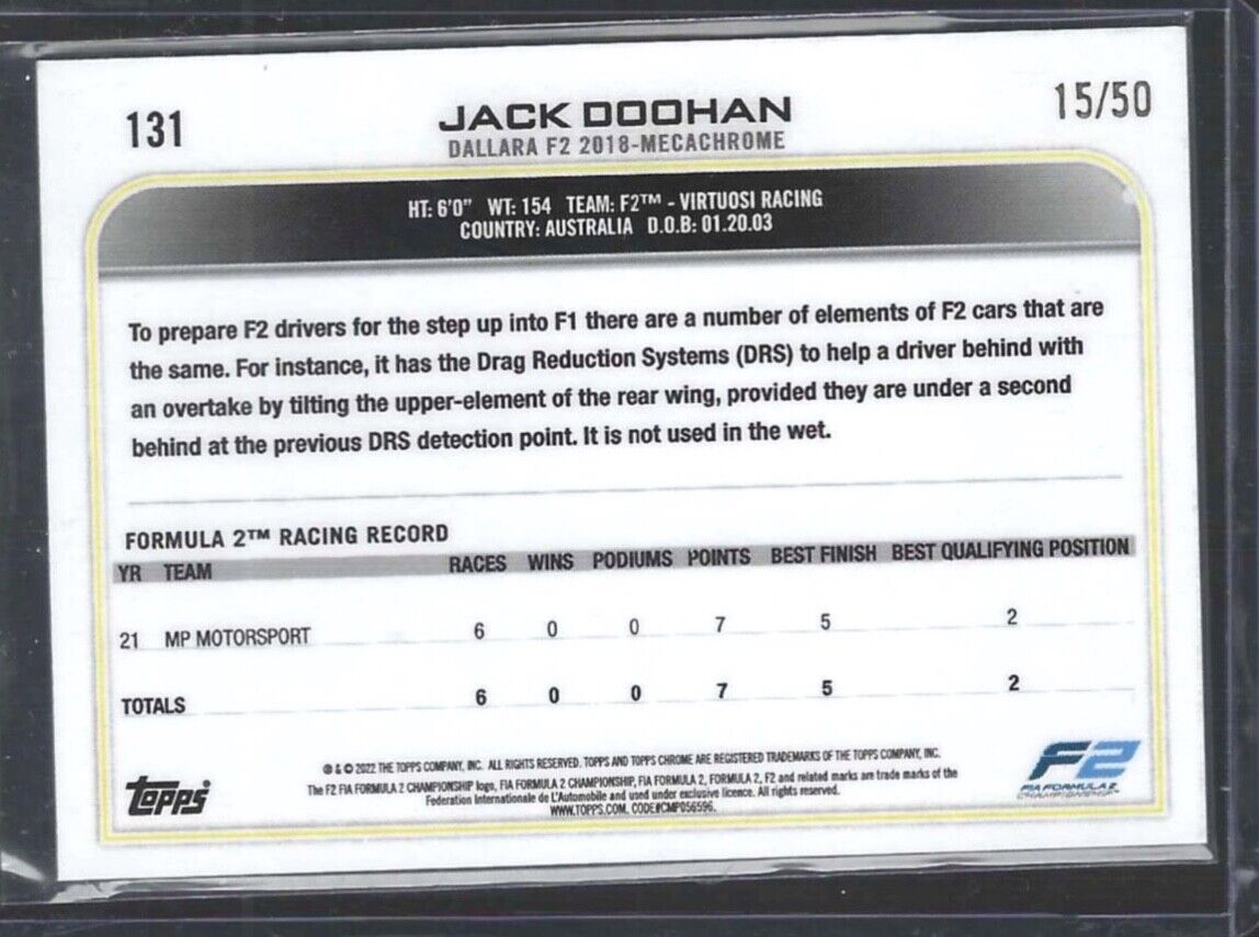 JACK DOOHAN 2022 TOPPS CHROME F1 GOLD REFRACTOR #D 15/50
