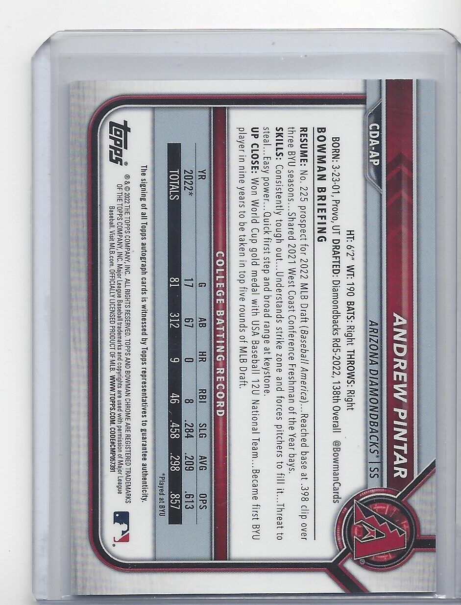 ANDREW PINTAR 2022 BOWMAN DRAFT CHROME 1ST PROSPECT ON CARD AUTO