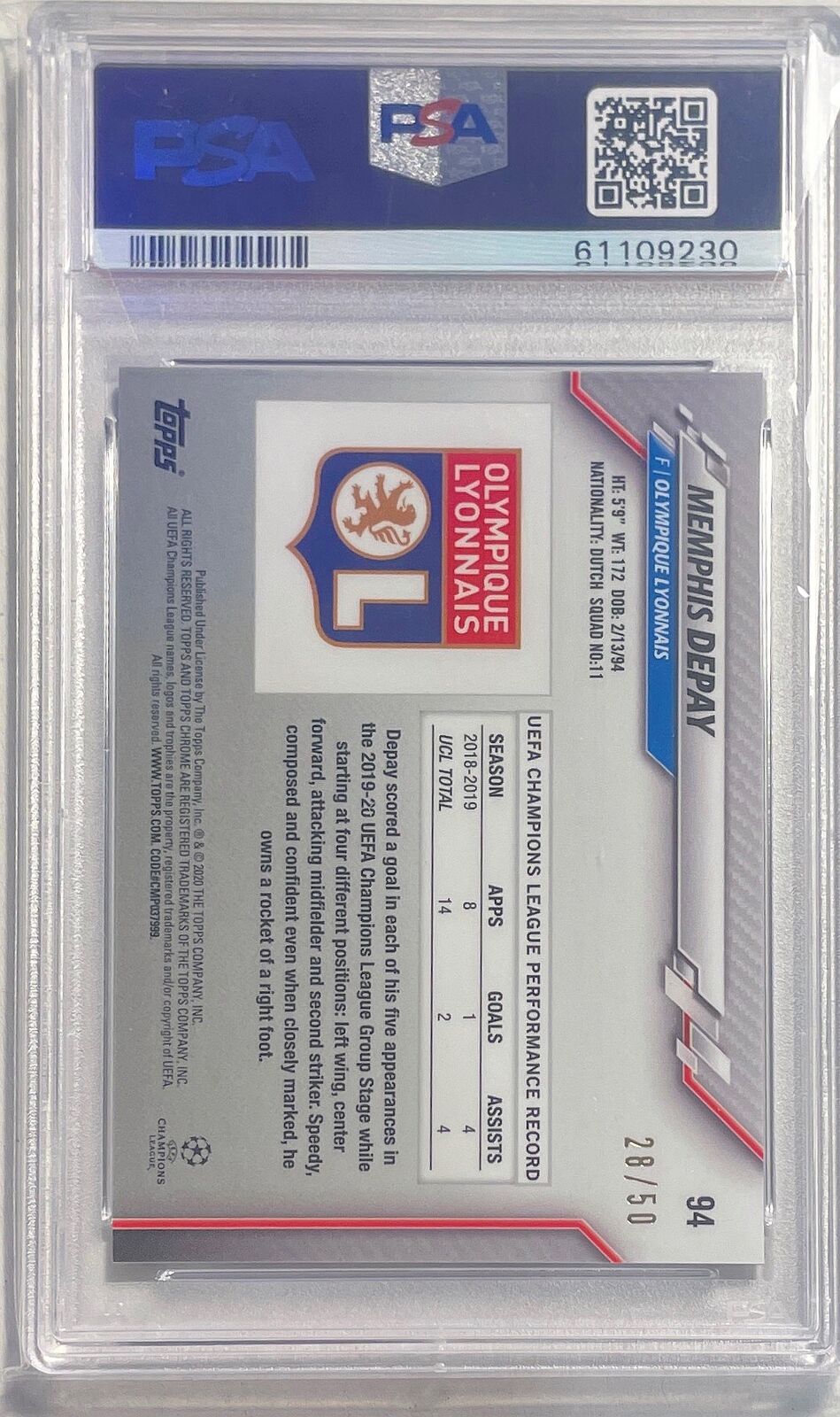 MEMPHIS DEPAY 2019-20 TOPPS CHROME UCL GOLD REFRACTOR #D 28/50 PSA 10 POP 1/1