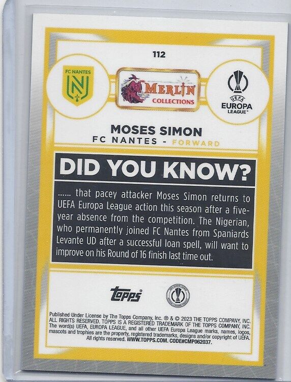 MOSES SIMON 2022-23 TOPPS MERLIN CHROME NANTES GOLD REFRACTOR #D 12/50