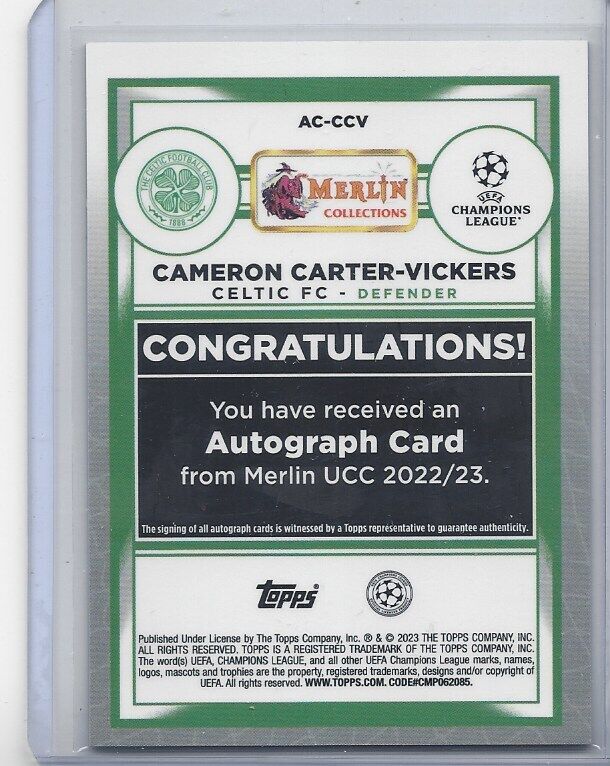 CAMERON CARTER VICKERS 2022-23 TOPPS MERLIN CHROME CELTIC REFRACTOR AUTO RC