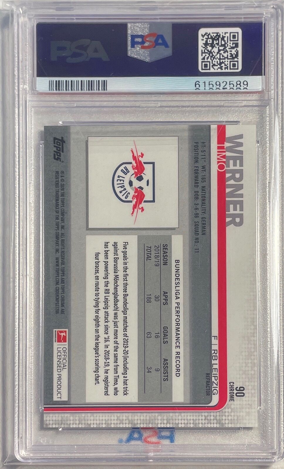 TIMO WERNER 2019-20 TOPPS CHROME BUNDESLIGA REFRACTOR #90 PSA 10 GEM MINT POP 24