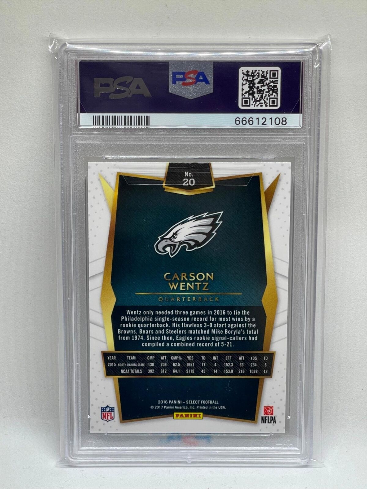CARSON WENTZ 2016 PANINI SELECT ROOKIE RC #20 PSA 10 GEM MINT