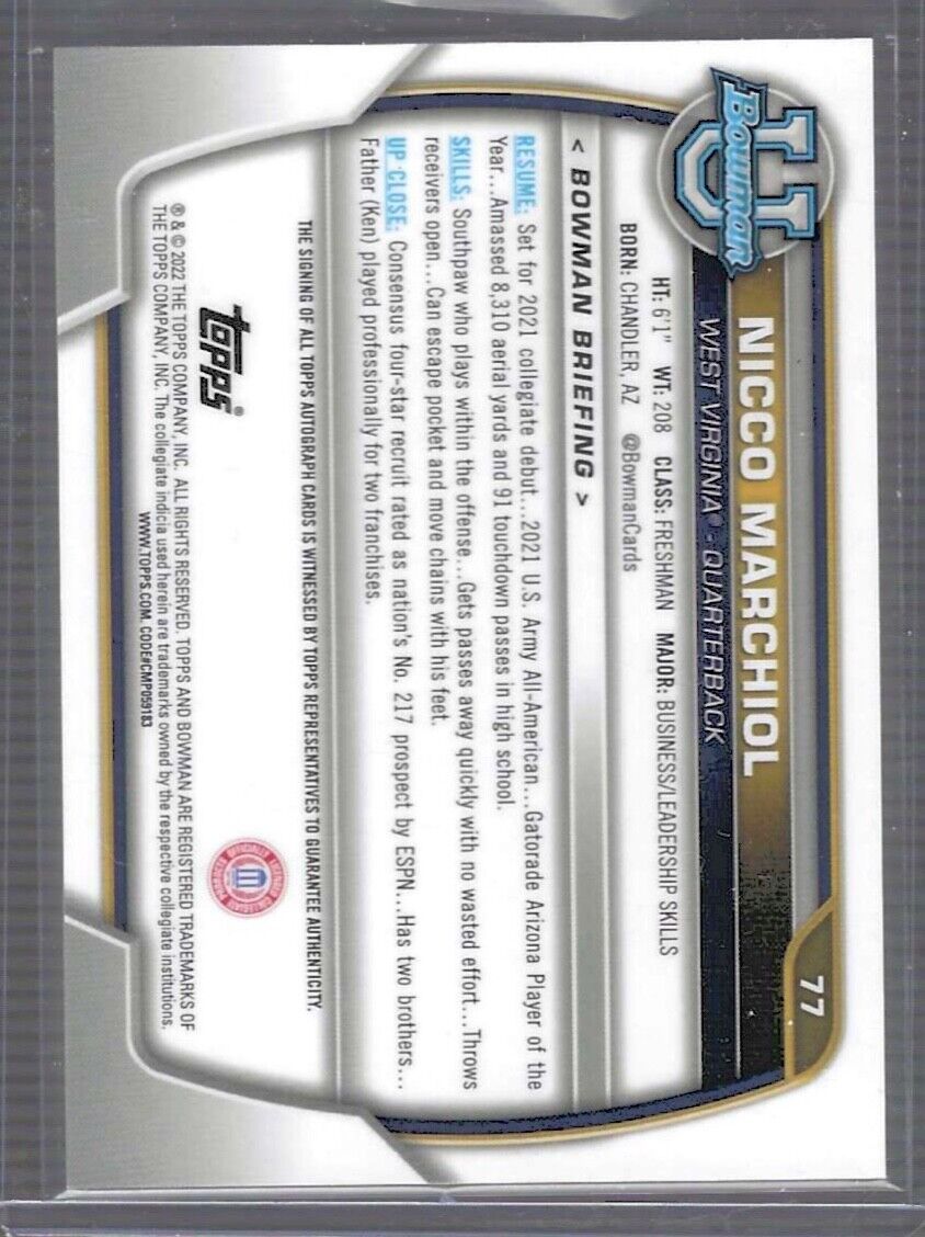 NICCO MARCHIOL 2022 BOWMAN UNIVERSITY CHROME 1ST PROSPECT AUTO #77