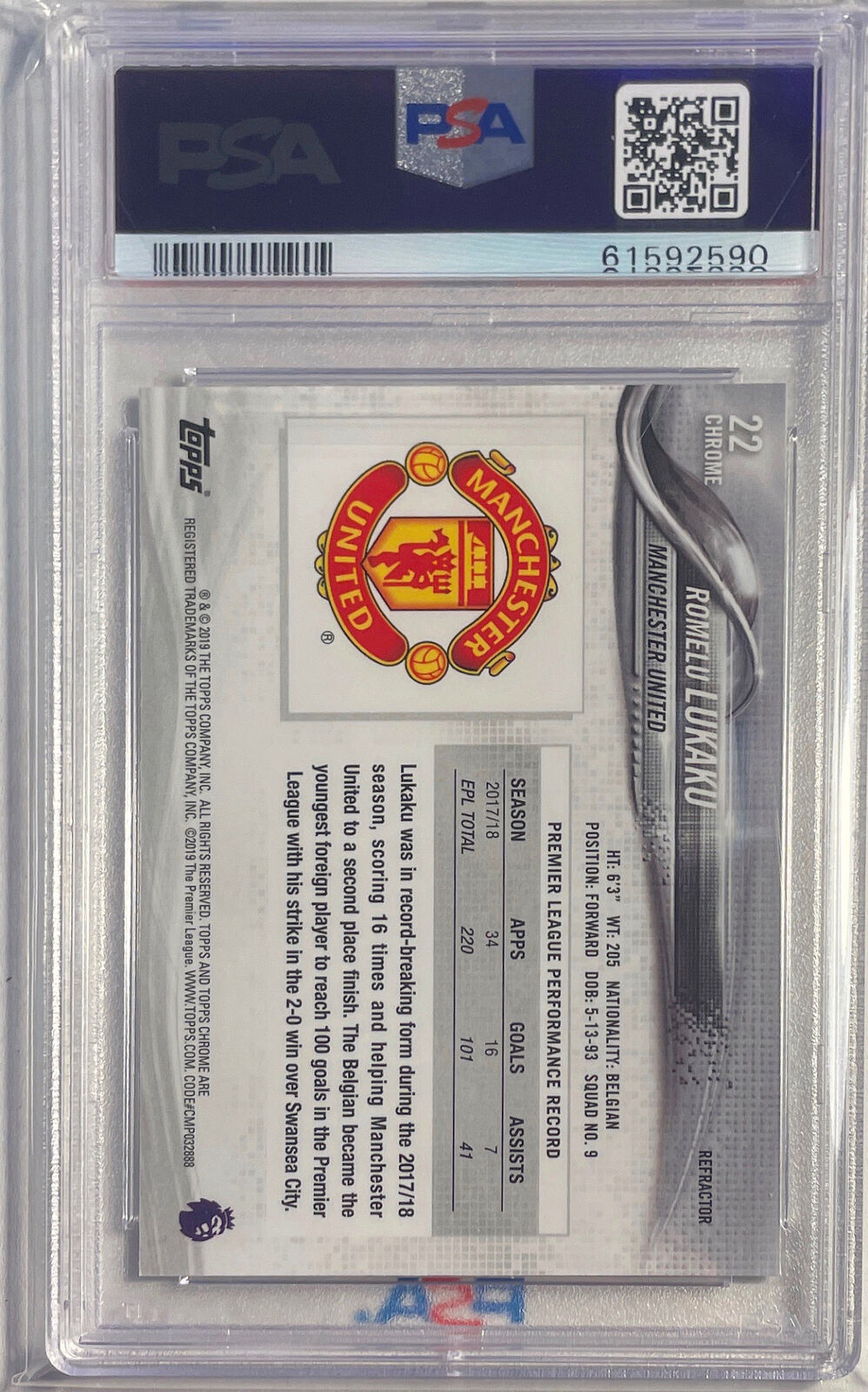 ROMELU LUKAKU 2018-19 TOPPS CHROME EPL REFRACTOR #22 PSA 10 GEM MINT POP 1/1