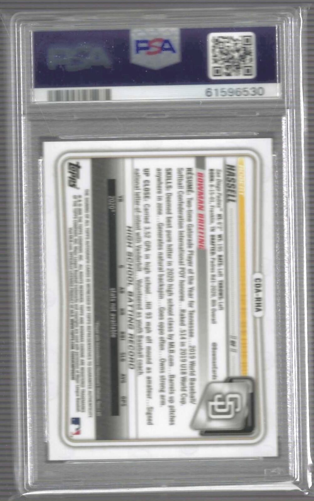 ROBERT HASSELL 2020 BOWMAN DRAFT CHROME 1ST PROSPECT AUTO #CDA-RHA PSA 9 MINT